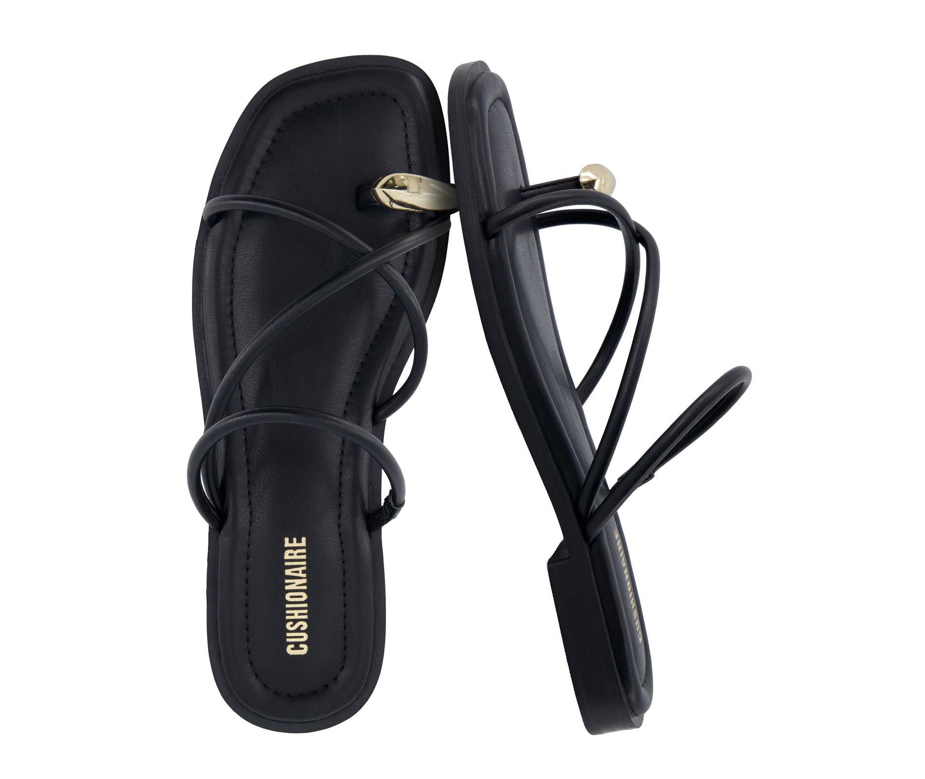 CUSHIONAIRE Venue Women’s Strappy Toe-Loop Slide Sandals with Gold-Tone Accent & Memory Foam Comfort