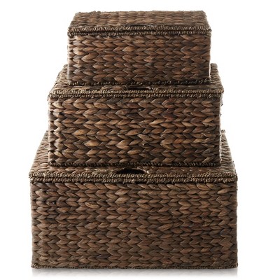 Set of 3 Brown Water Hyacinth Rectangular Storage Baskets with Lids