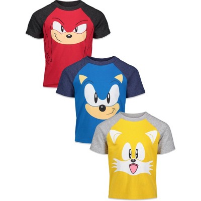 SEGA Sonic The Hedgehog Knuckles Tails Toddler Boys 3 Pack T-Shirt Red/Blue/Yellow 