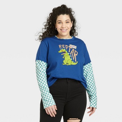 Women's Reptar Long Sleeve Graphic T-Shirt - Blue Checkered