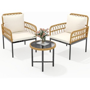 3 Piece Patio Bistro Set, Outdoor Wicker Apartment Balcony Furniture Sets, Rattan Table and Chairs Set of 2, Beige - 1 of 4