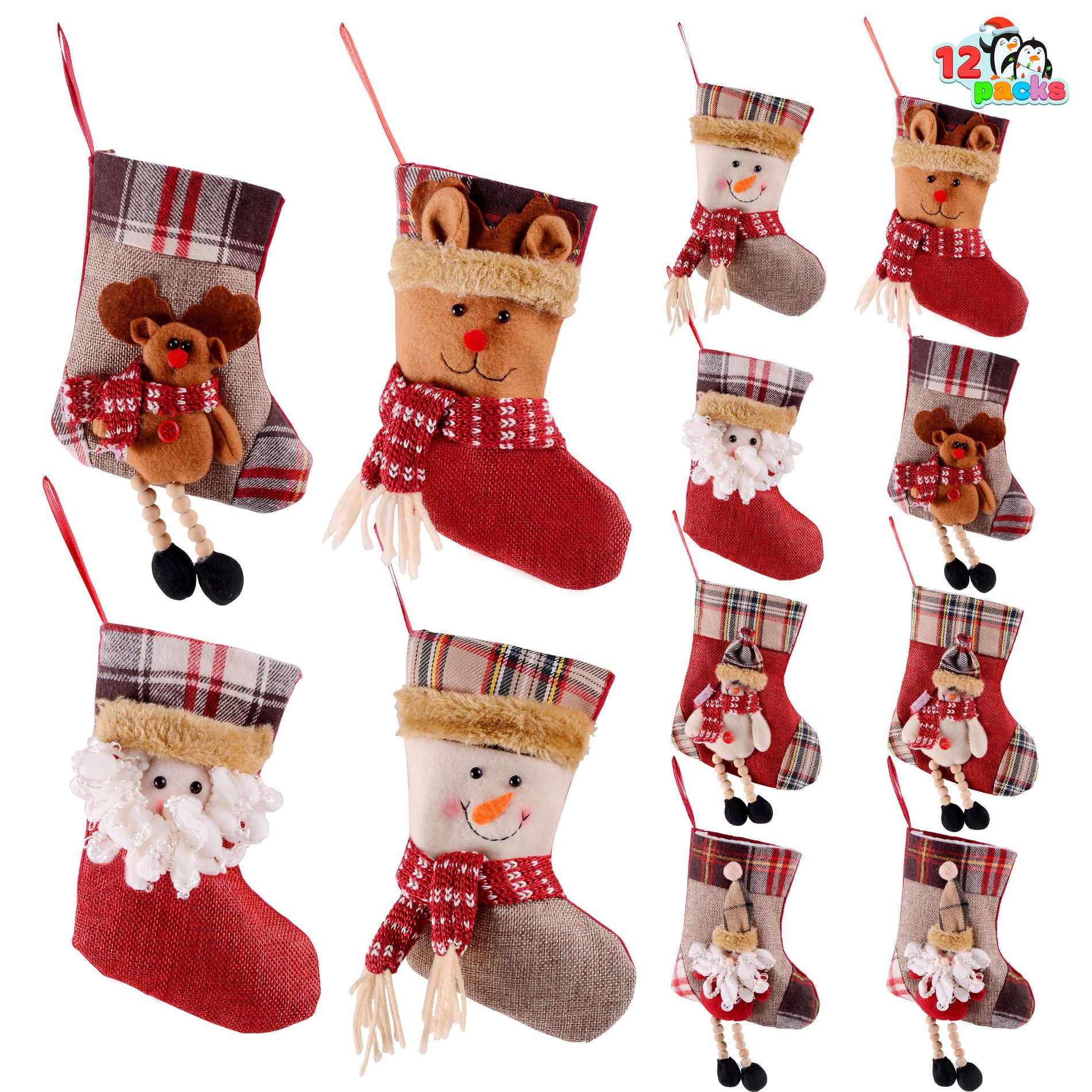 Joyfy 12 Pcs Mini Christmas Stockings, Xmas Santa Snowman Reindeer Burlap Stockings for Christmas Tree Holiday Decoration Present Holders Treat Bags