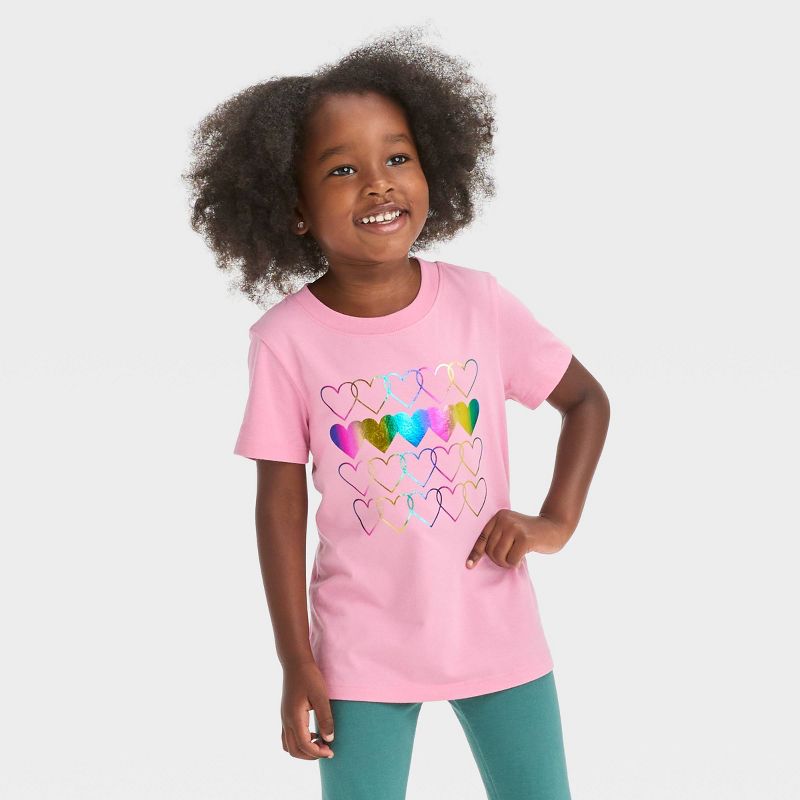 Toddler Girls' Hearts Rainbow Short Sleeve T-Shirt - Cat & Jack™ Rose Pink, 1 of 4