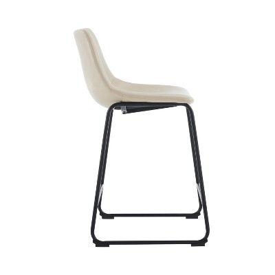 Cream Faux Leather and Black Steel Armless Counter Stools, Set of 2