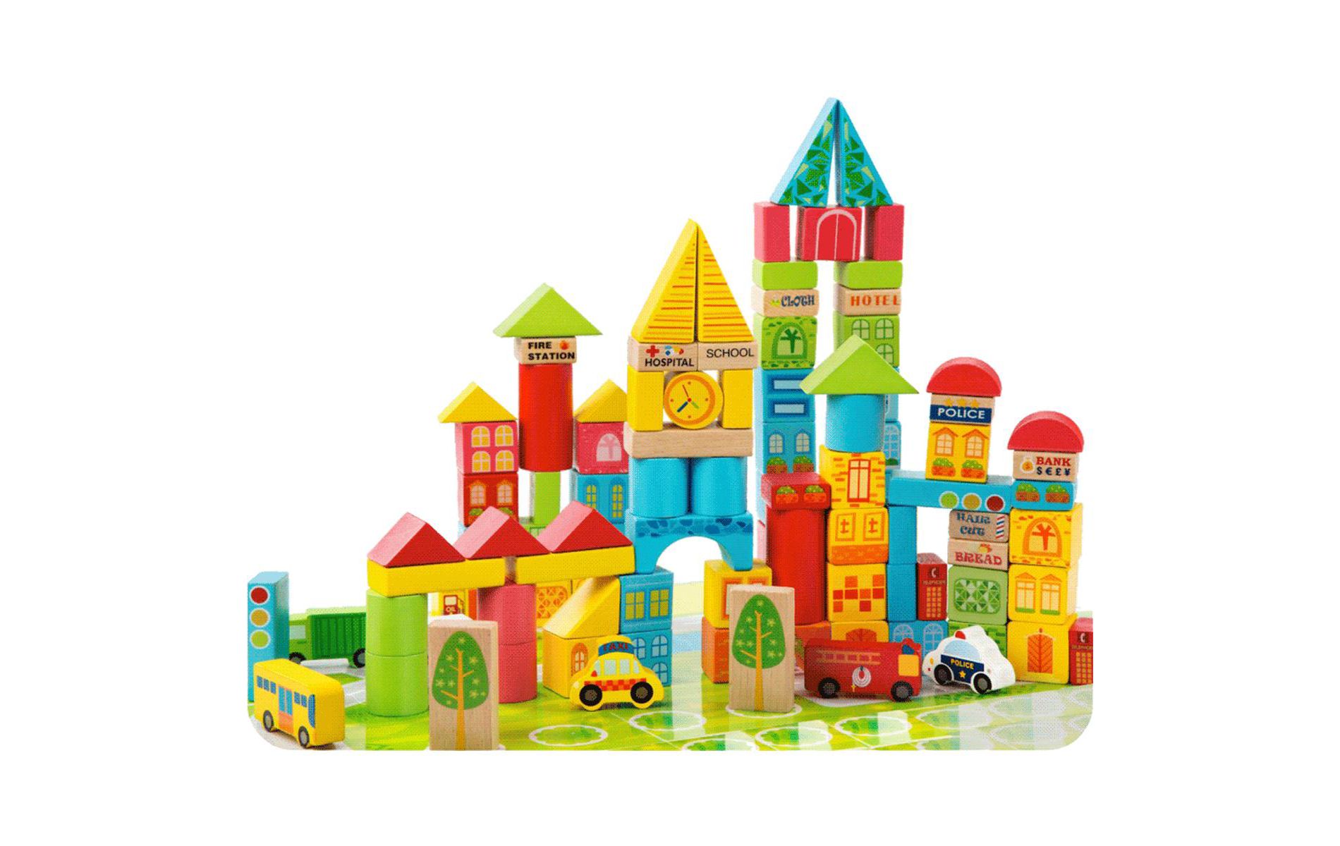 JuzToys 100pcs Wooden Building Blocks STEM Toy Set – Toy Vehicles Including Truck and School Bus, Construction Stacking Toys for Kids