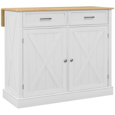 Yukimo Farmhouse Kitchen Island Cart with Drop Leaf Breakfast Bar, 2 Drawers, Adjustable Shelves, White Wood