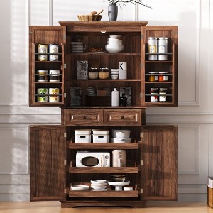 LOVSON 71'' tall storage cabinet with 3 pull-out drawers, 6 door shelves, 2 drawers, freestanding kitchen and dining storage cabinet, brown - 1 of 4