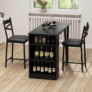 3 Piece Counter Height Dining Table Set with 3-Layer Shelves and 2 Upholstered Chairs, Space Saving Kitchen Table Set for Apartment Studio Pub, Black - 1 of 4
