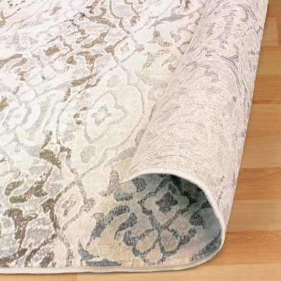 Beige Geometric Damask Polypropylene Area Rug 4'x6'