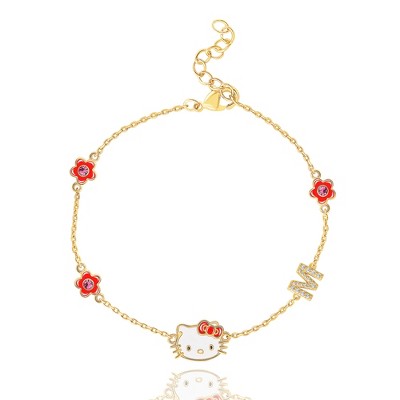 Sanrio Hello Kitty Womens Yellow Gold Plated Letter Bracelet - Cubic Zirconia Initial Bracelet - Officially Licensed