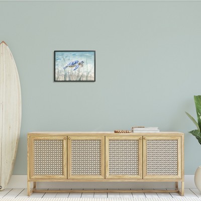 Blue and White Sea Turtle Canvas Print with Black Frame