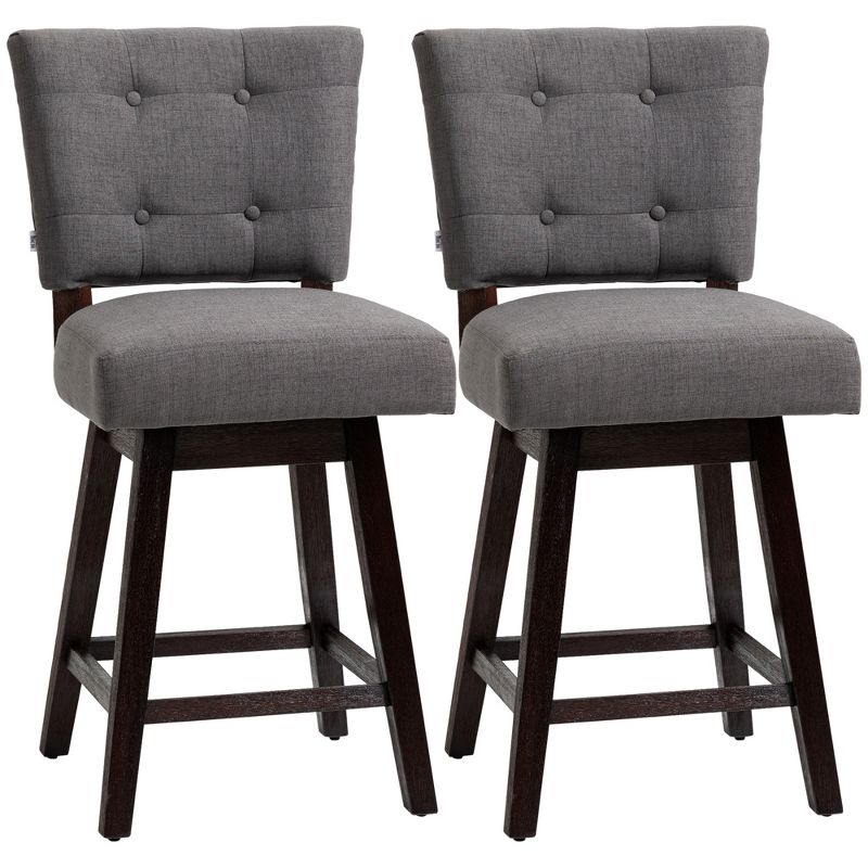 HOMCOM Swivel Bar Stools Set of 2, Fabric Tufted Counter Height Bar Stools with Rubber Wood Legs and Footrest for Dining Room, Kitchen, Pub, 1 of 7