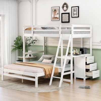 Streamdale Twin over Full Bunk Bed with Built-in Desk and Three Drawers,White