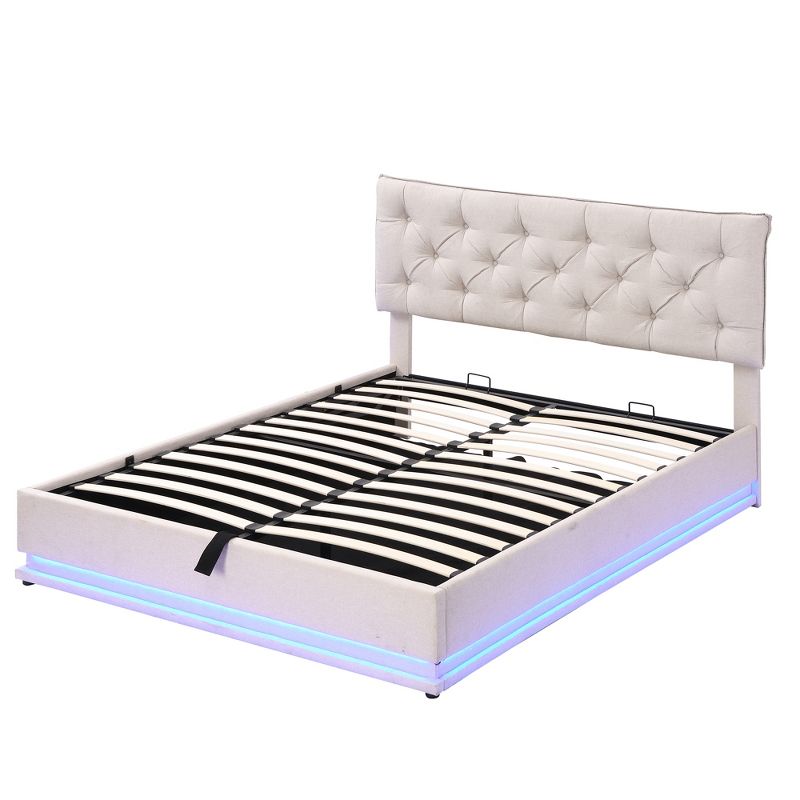 Queen/Full Size Upholstered Platform Bed with Hydraulic Storage System and LED Light-ModernLuxe, 4 of 14