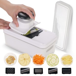 Cheer Collection Vegetable Slicer with 5 Stainless Steel Blades and Storage Container with Lid, Black and White - 1 of 4