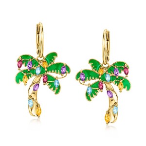 Ross-Simons 1.70 ct. t.w. Multi-Gemstone and Green Enamel Christmas Palm Tree Drop Earrings in 18kt Gold Over Sterling - 1 of 3