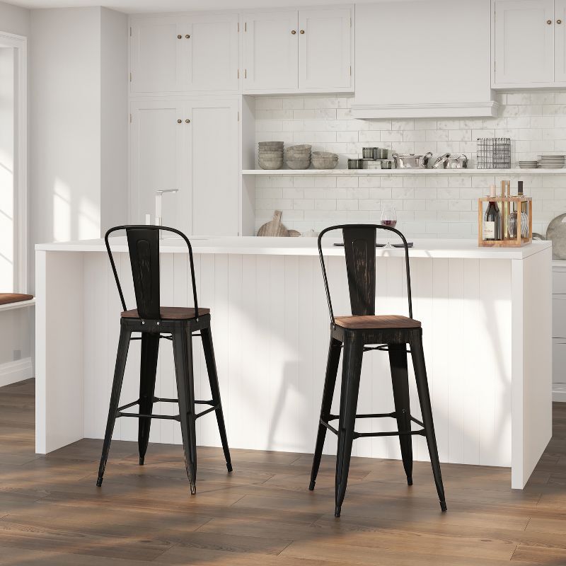 Merrick Lane Metal Dining Stool with Curved Slatted Back and Textured Wood Seat, 3 of 15