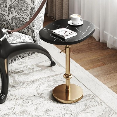 SYFERLORY  Adjustable-Height Pedestal Drink Table, Antique Brass Metal Plant Stand With Faux Marble Oval Tabletop，Black
