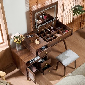 KTMBDW Modern 3-in-1 Vanity Desk with Lighted Flip-Top Mirror & Adjustable Cabinet, Makeup Dressing Table with Stool and 3 Drawers for Bedroom - 1 of 4