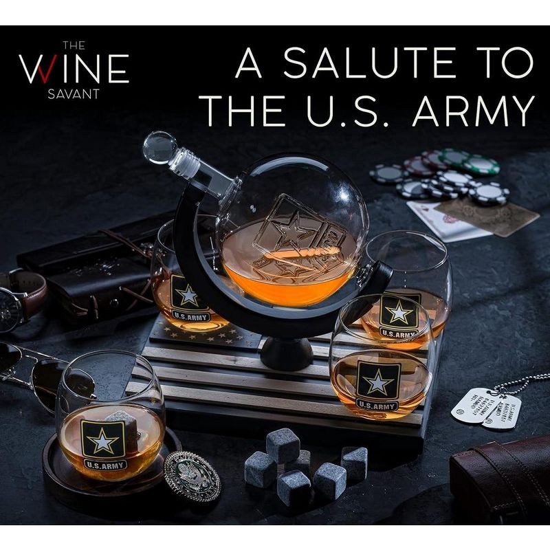 The Wine Savant Army Globe Design Whiskey & Wine Decanter Set Includes 4 Whiskey Glasses & 9 Whiskey Stones Laid on A Beautiful Wood Base - 850 ml, 2 of 7