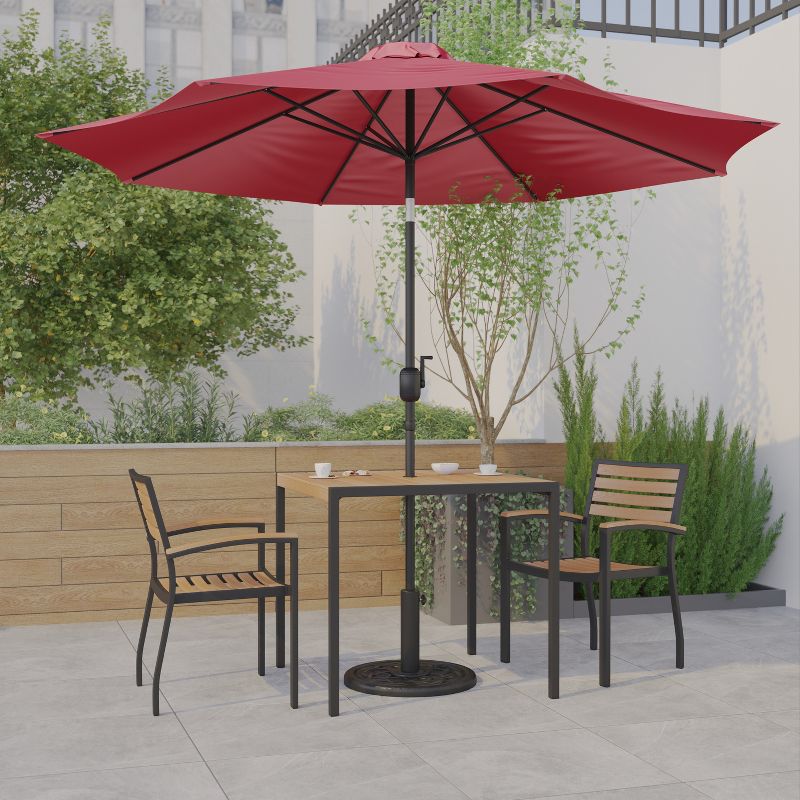 Emma and Oliver 5 Piece Patio Table Set - 2 Synthetic Faux Teak Stackable Chairs - Faux Teak Table - Umbrella with Base, 3 of 18