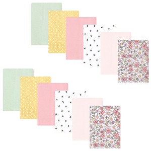 Hudson Baby Infant Girl Flannel Burp Cloth 12pk, Pink Yellow Pretty Floral, One Size - 1 of 4
