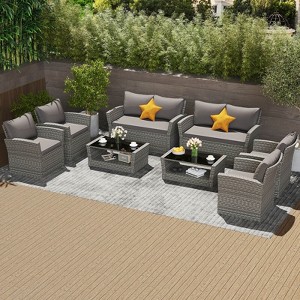 Costway 8 PCS Patio Furniture Set with 4 Rattan Chairs Loveseat Coffee Table Cushions - 1 of 4
