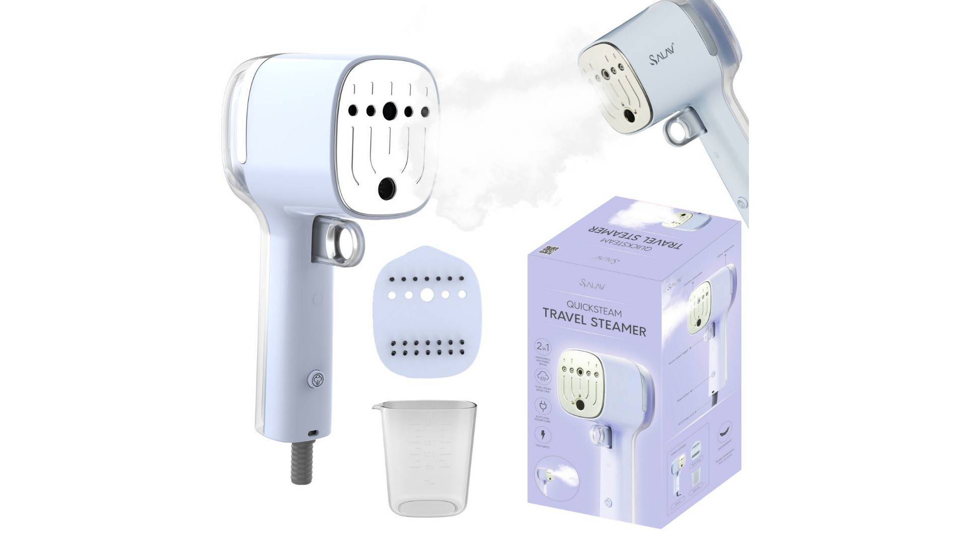 SALAV HS-15 Quicksteam Travel Steamer Peri: 1000W, Anti-Drip, 9 Min Steam, 110ml Tank, Comfort-Grip, Travel Steamer for Clothes