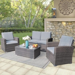 SUGOLD Patio Furniture Set, 4 Piece Outdoor Patio Conversation Set, All-Weather PE Rattan Wicker Sectional Patio Sofa Set with Tempered Glass Coffee - 1 of 1