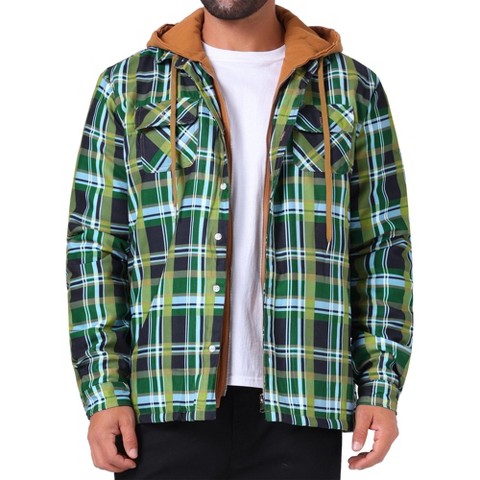 INSPIRE CHIC Men's Quilted Drawstring Hooded Zipper Padded Plaid Jacket Green Khaki Large