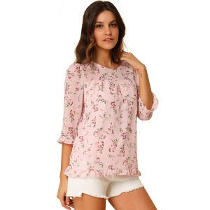 INSPIRE CHIC Women's Round Neck Ruffle 3/4 Sleeve Floral Print Chiffon Blouse - 1 of 4