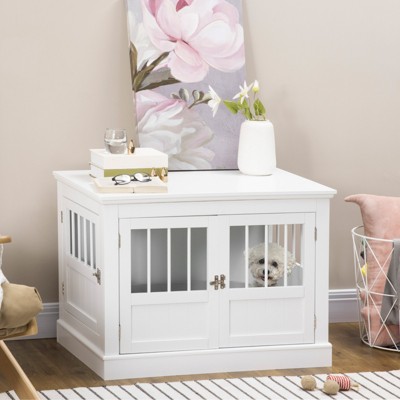 VisioGear Dog Crate End Table with Triple Doors, Wooden Dog Crate Furniture Indoor Use, Puppy Crate for Small Dogs, White, 30.8"*20.8"*23.3"