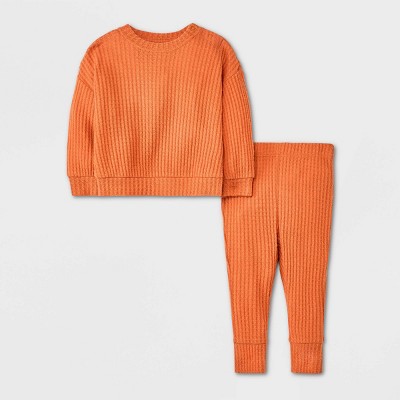 Baby 2pc Long Sleeve Waffle Top & Bottom Set - Cat & Jack™ Dark Orange 6-9M