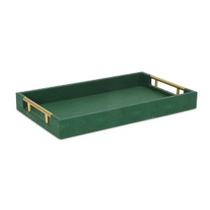HomeRoots 16" Green Wood Wood Faux Shagreen Serving Tray With Handles - 1 of 4