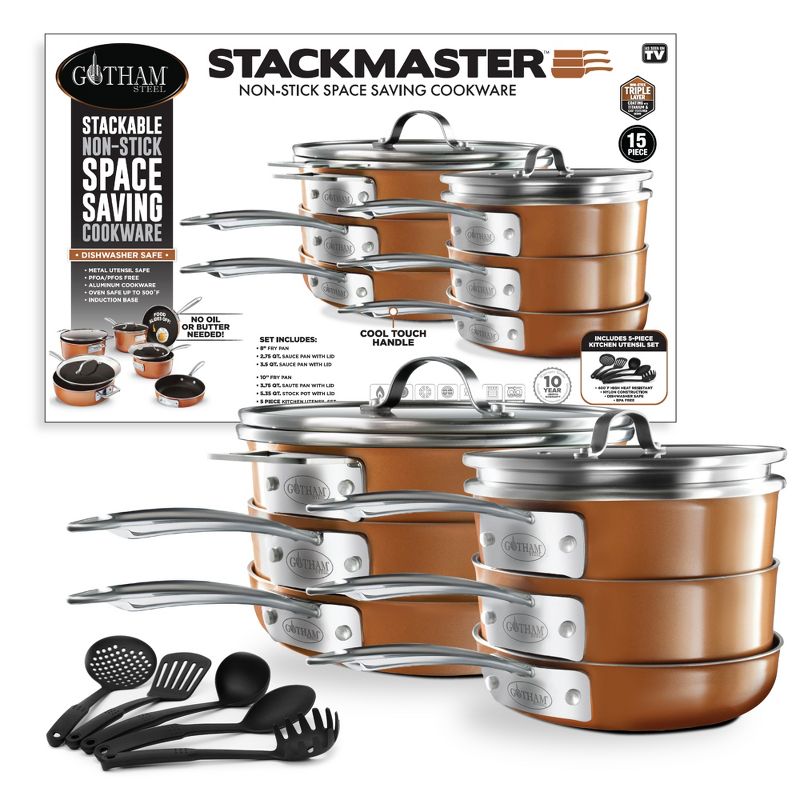 Gotham Steel Stackmaster 15 Piece 8'' and 10'' Copper Space Saving Nonstick Cookware Set, 3 of 6
