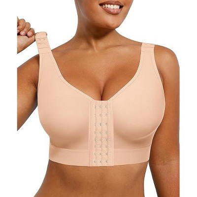 SHAPELLX Post Surgery Bras Front Closure Compression Bra for Women Wirefree Mastectomy Bra with Adjustable Straps—Beige 38