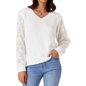 INSPIRE CHIC Women's V-Neck Knit Crochet Hollow Out Long Sleeve Pullover Sweater - 1 of 4
