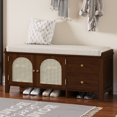 Shoe Storage Bench, Vintage Shoe Bench with Storage and Cushion, Shoe Bench with 2 Drawers and 2 Rattan Door,White