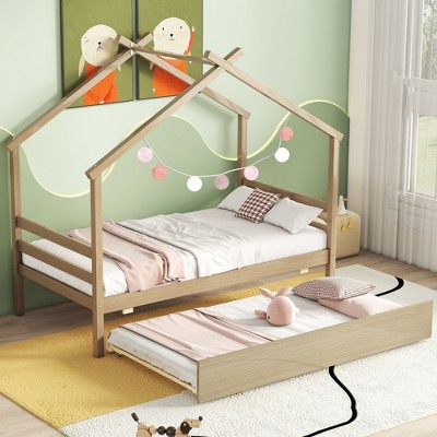 LOVMOR Twin Size Wood House Bedframe with Pull-out Trundle and Safety Guaranteed for Kids Girls Boys,Slats Support,Natural