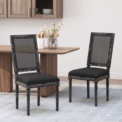 Coolbibila French Country Dining Chairs Set Of 2,Fabric Upholstered And Rattan Backrest Dining Chairs,Armless Wooden Dining Chairs