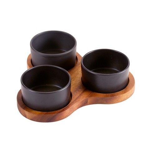 Kalmar Home Black Ceramic Condiment Set on Acacia Wood Base