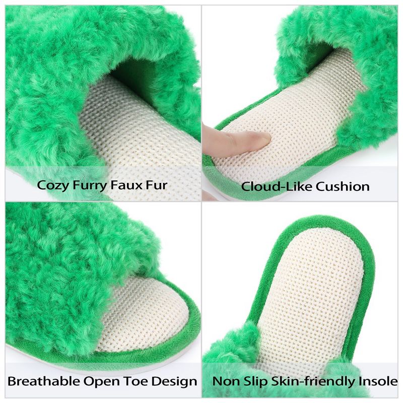 Women's Slip On Fuzzy House Slippers Open Toe Fluffy Plush Memory Foam Indoor Bedroom Slides, 3 of 8