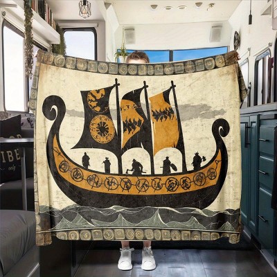 Viking Warship Warrior Design Flannel Car Nap Blanket, for Vehicle Interior Accessories, Christmas Gift.