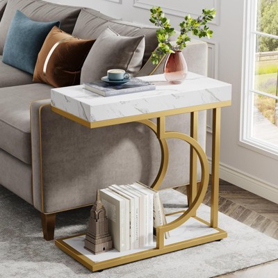 FONTOI C-Shaped End Table with 2-Tier Storage, Narrow Side Table with Faux Marble Top for Living Room, Bedroom, White&Gold, 11.81"*23.62"*23.62"