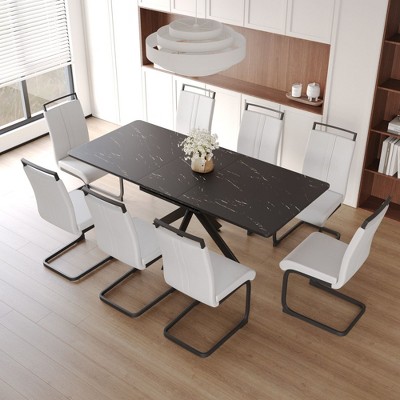 NicBex Dining Table Set for 8 Modern Extendable Dining Room Table with MDF Tabletop, Trestle Base and 8 PU Chairs for Kitchen