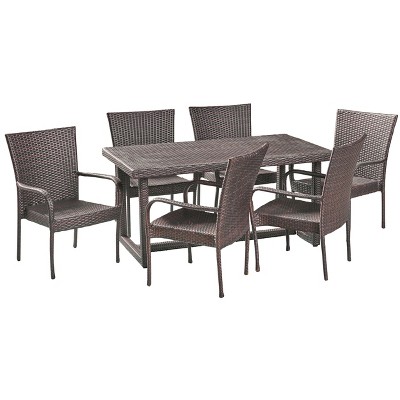 Melville 7pc Wicker Dining Set - Brown - Christopher Knight Home: Weather-Resistant, Galvanized Steel Hardware, Stackable Chairs