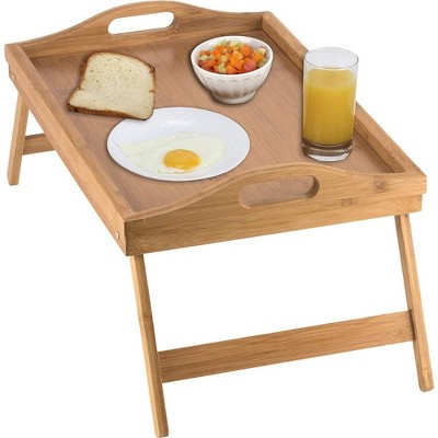 Rustic Dark Brown Wood Breakfast Serving Tray with Foldable Legs