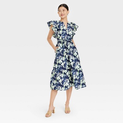 Women's Flutter Short Sleeve Poplin Tiered Midi Dress - A New Day™ Navy ...