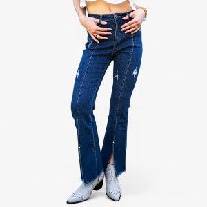 Anna-Kaci Women's High Waist Distressed Flare Jeans with Front Slit Hem - 1 of 4