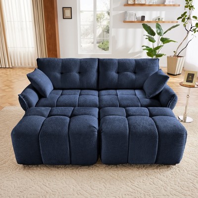 DOMETOUR 2 Seater Sofa Set with 2 Ottomans and Throw Pillows Cozy Plush Chenille Fabric Ideal for Living Room Apartment or Dorm In Blue